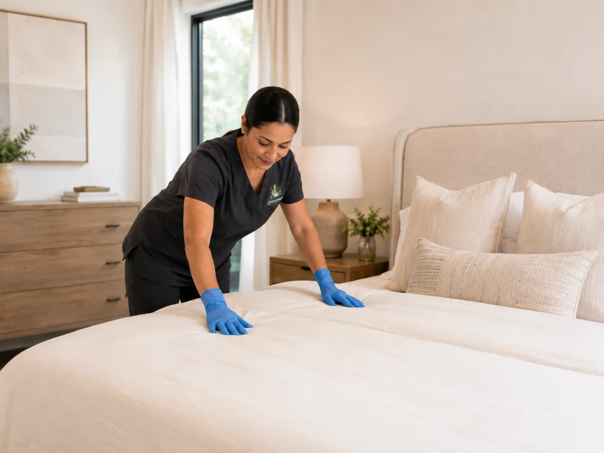 Cleaner refreshing a bedroom