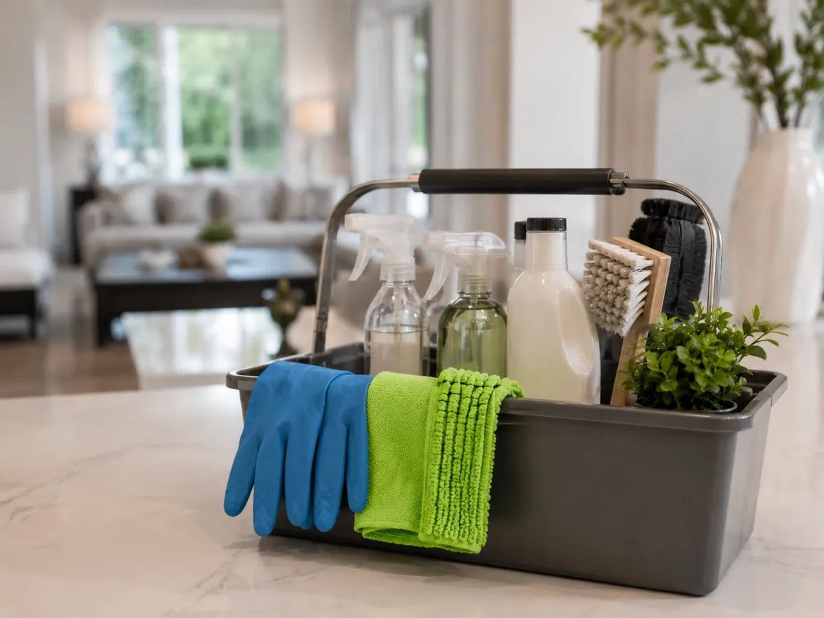 Cleaning supplies prepared for a home service