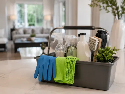 Cleaning supplies prepared for a home service