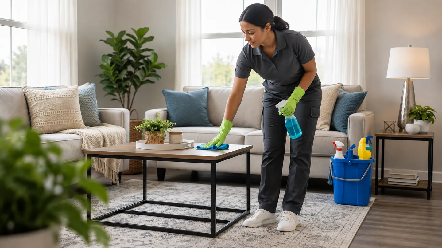 Professional cleaner wiping a living room table in a bright home