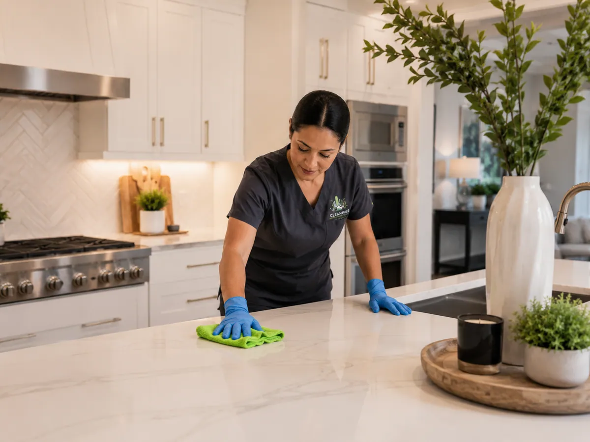 Cleaner wiping a bright kitchen countertop