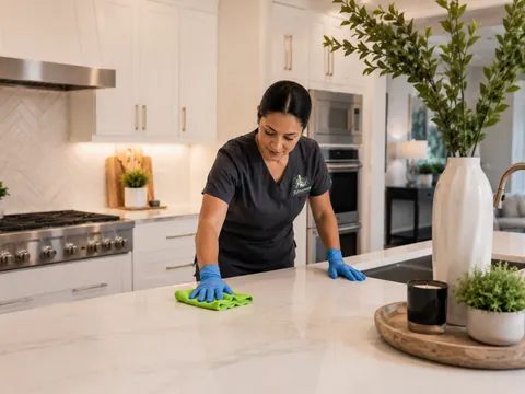 Cleaner wiping a bright kitchen countertop