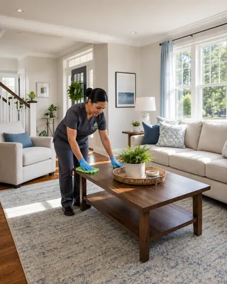 Cleaner working in a medium-sized home