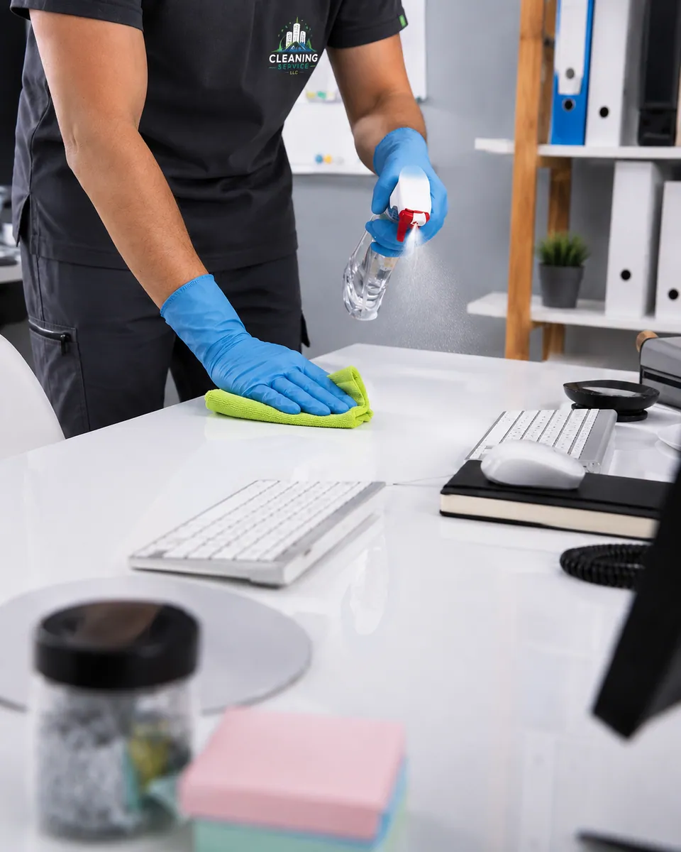 Cleaner wiping an office desk