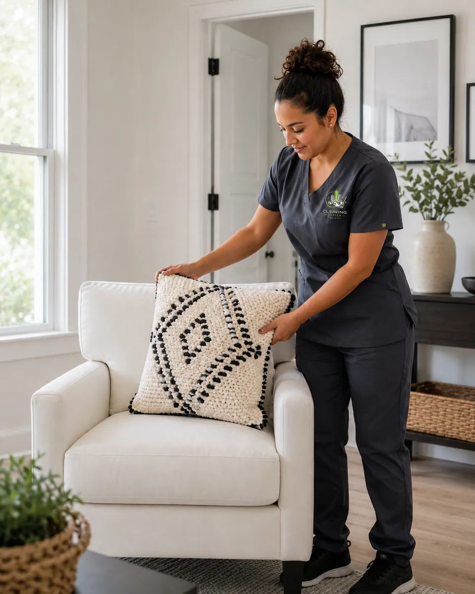Cleaner working in a small home living room