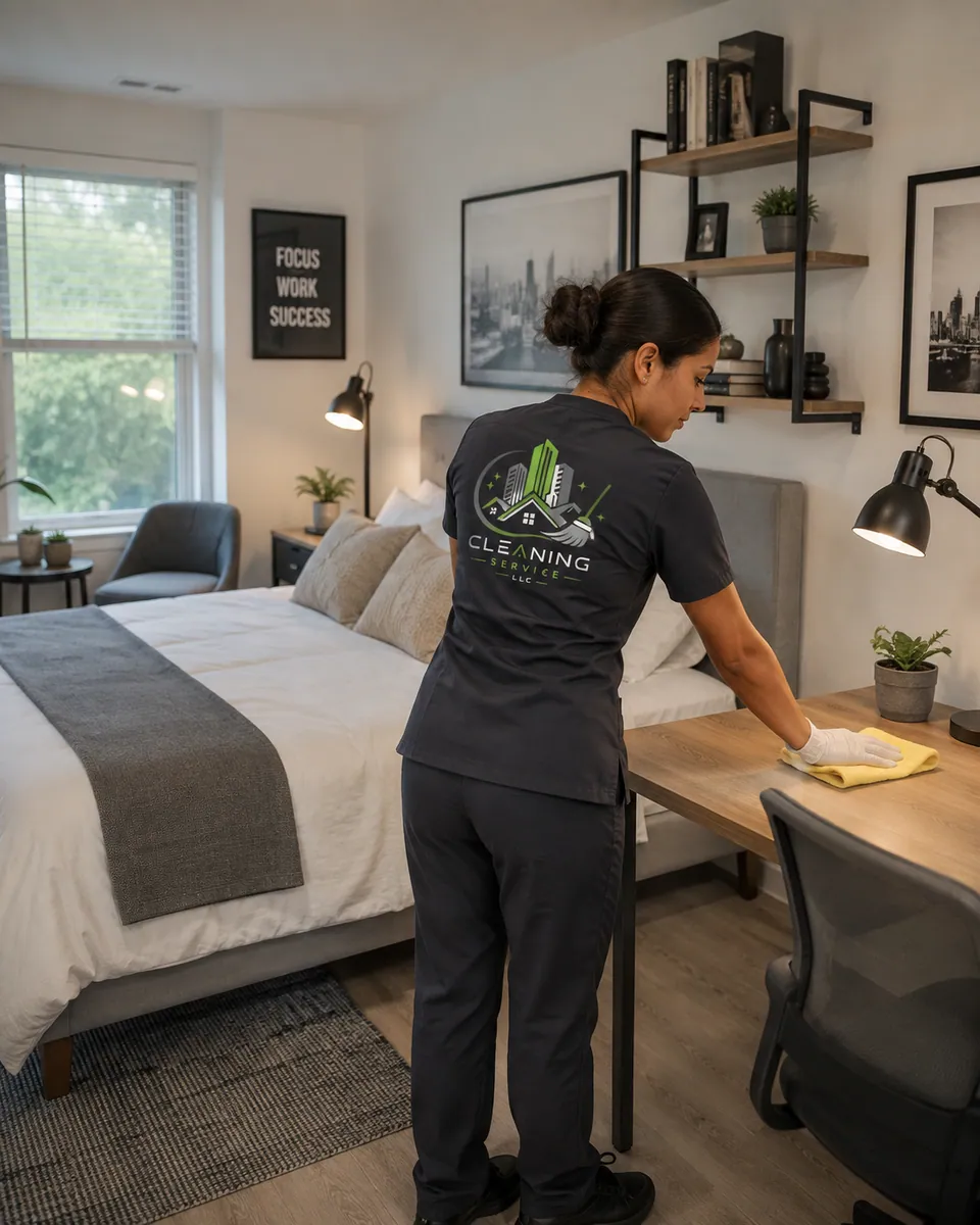 Cleaner refreshing a bedroom and living space