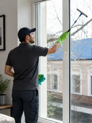 Cleaner washing a large window