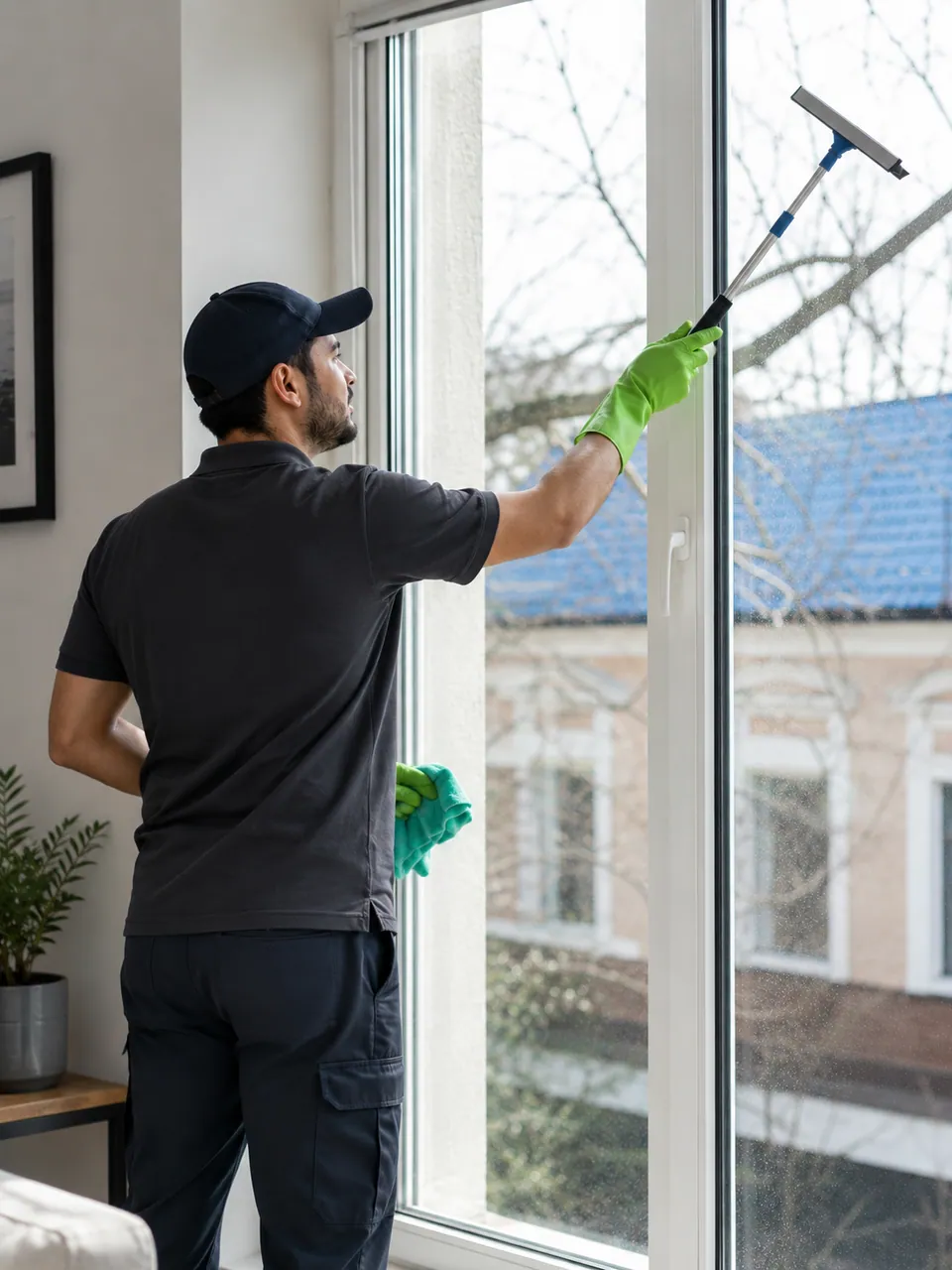 Cleaner washing a large window